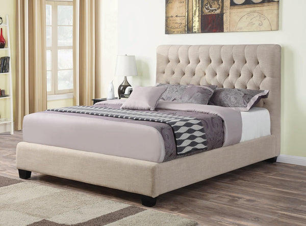 Chloe Tufted Upholstered Queen Bed Oatmeal, angled view