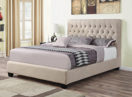 Chloe tufted upholstered full bed oatmeal front view