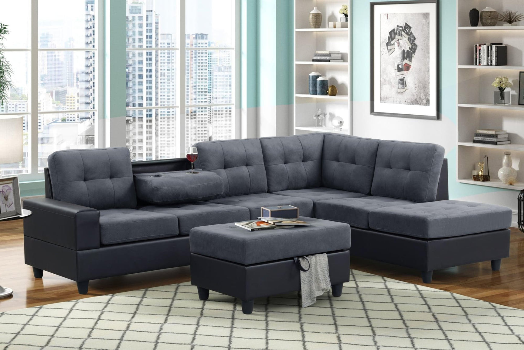 Pu8-Heights gray velvet tufted sectional sofa set with storage ottoman shown from front angle