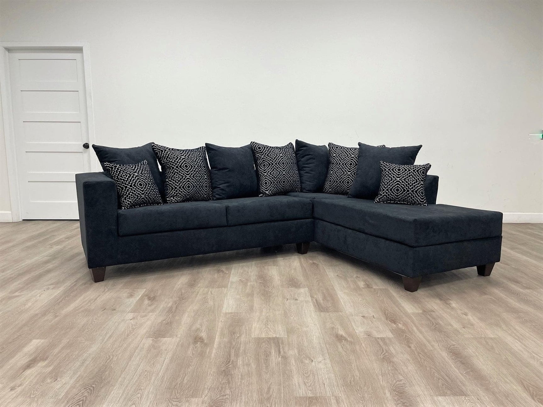 Hollywood Black Velvet Upholstered Sectional sofa, front view