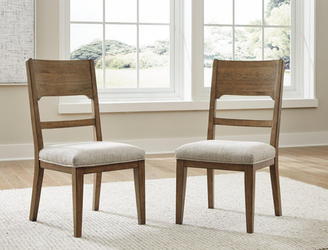 Cabalynn dining chair upholstered in oatmeal polyester fabric with light brown hardwood frame - front angle