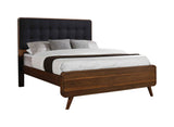 Robyn Queen Bed with upholstered headboard in dark walnut, front view
