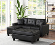 Naomi black tufted faux leather sectional sofa with reversible chaise and ottoman, front angle