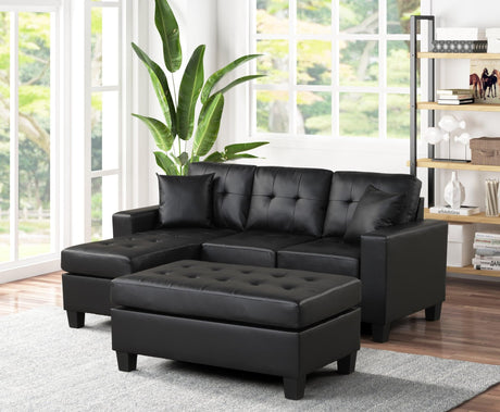 Naomi black tufted faux leather sectional sofa with reversible chaise and ottoman, front angle