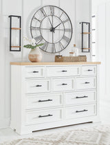 Ashbryn dresser front view in white and natural finish