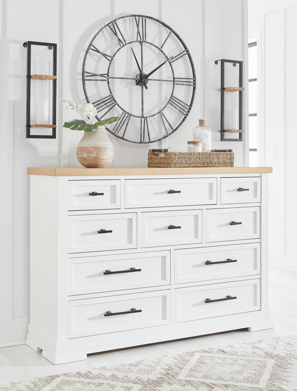 Ashbryn dresser front view in white and natural finish