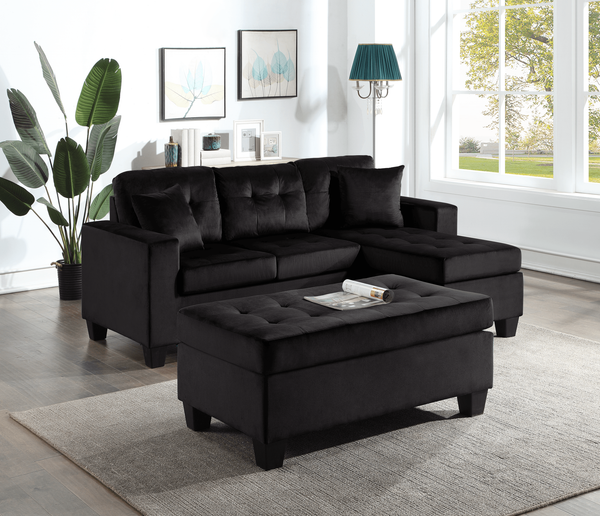 Naomi black velvet tufted sectional sofa with reversible chaise and ottoman, front view