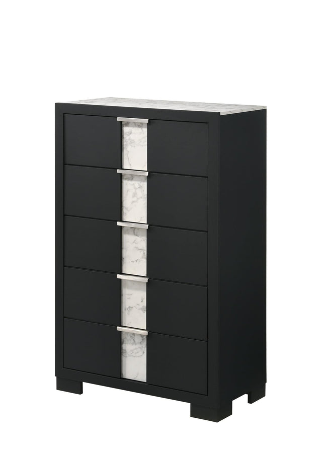 Rangley Black Marble 5-Drawer Solid Wood Chest front view