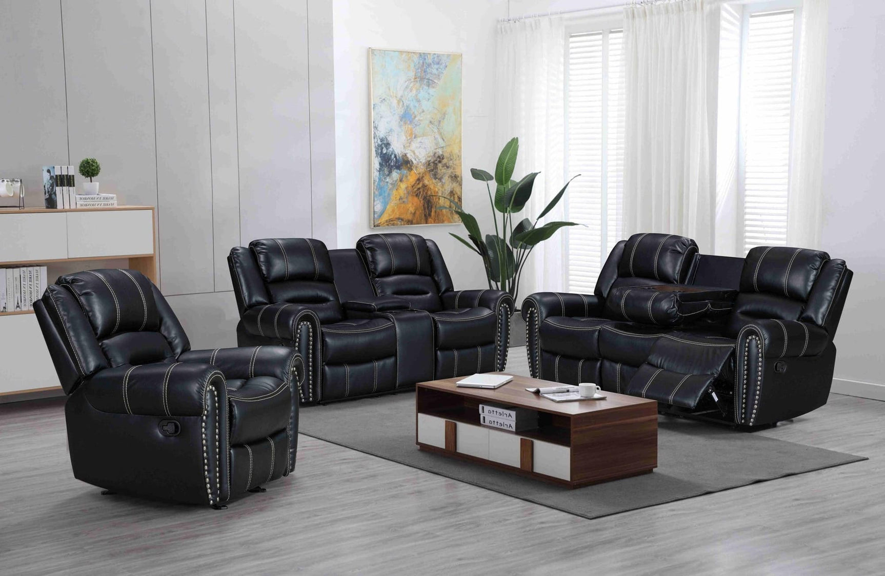 Lexington2023 Black Faux Leather Reclining Sofa with Drop-Down Table
