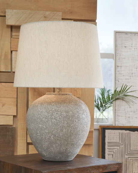 Dreward Distressed Gray Table Lamp with drum fabric shade front view