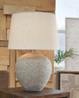 Dreward Distressed Gray Table Lamp with drum fabric shade front view