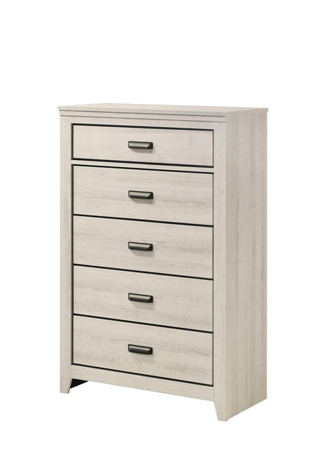 Carter white 5-drawer chest solid wood veneer angled view