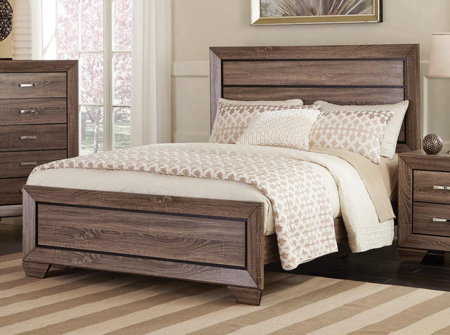 Kauffman King Panel Bed Washed Taupe, front view showing upholstered headboard