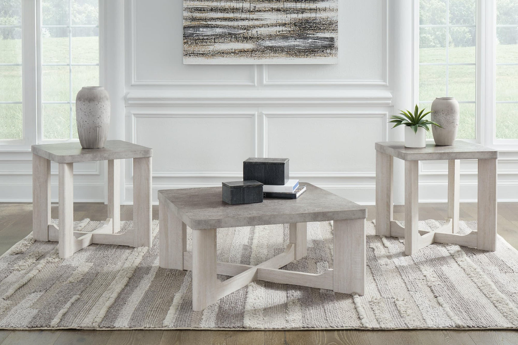 Garnilly Whitewash Table (Set of 3) - front angle showing all three tables
