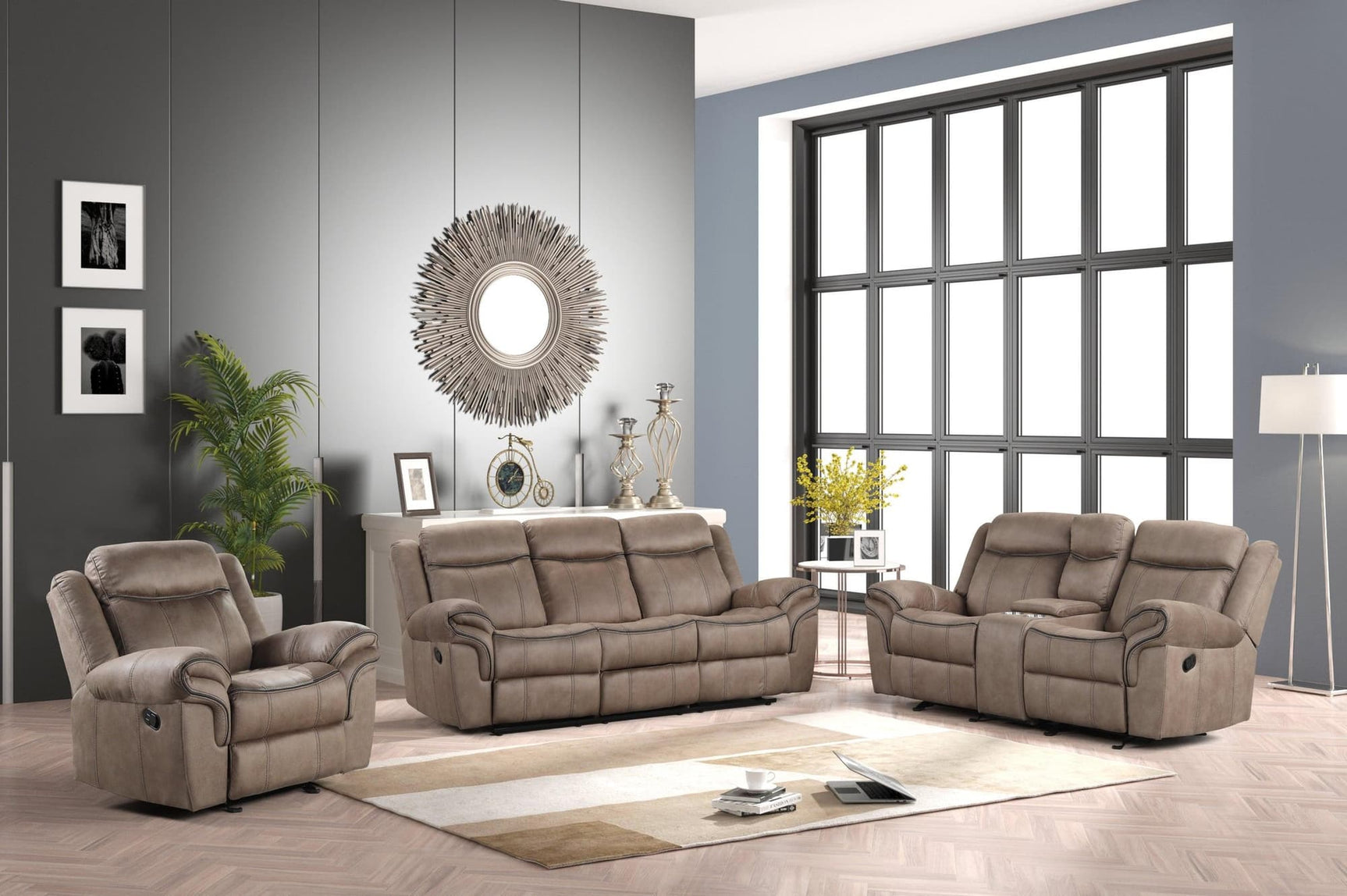 Andres brown faux leather 3-piece reclining living room set, front view