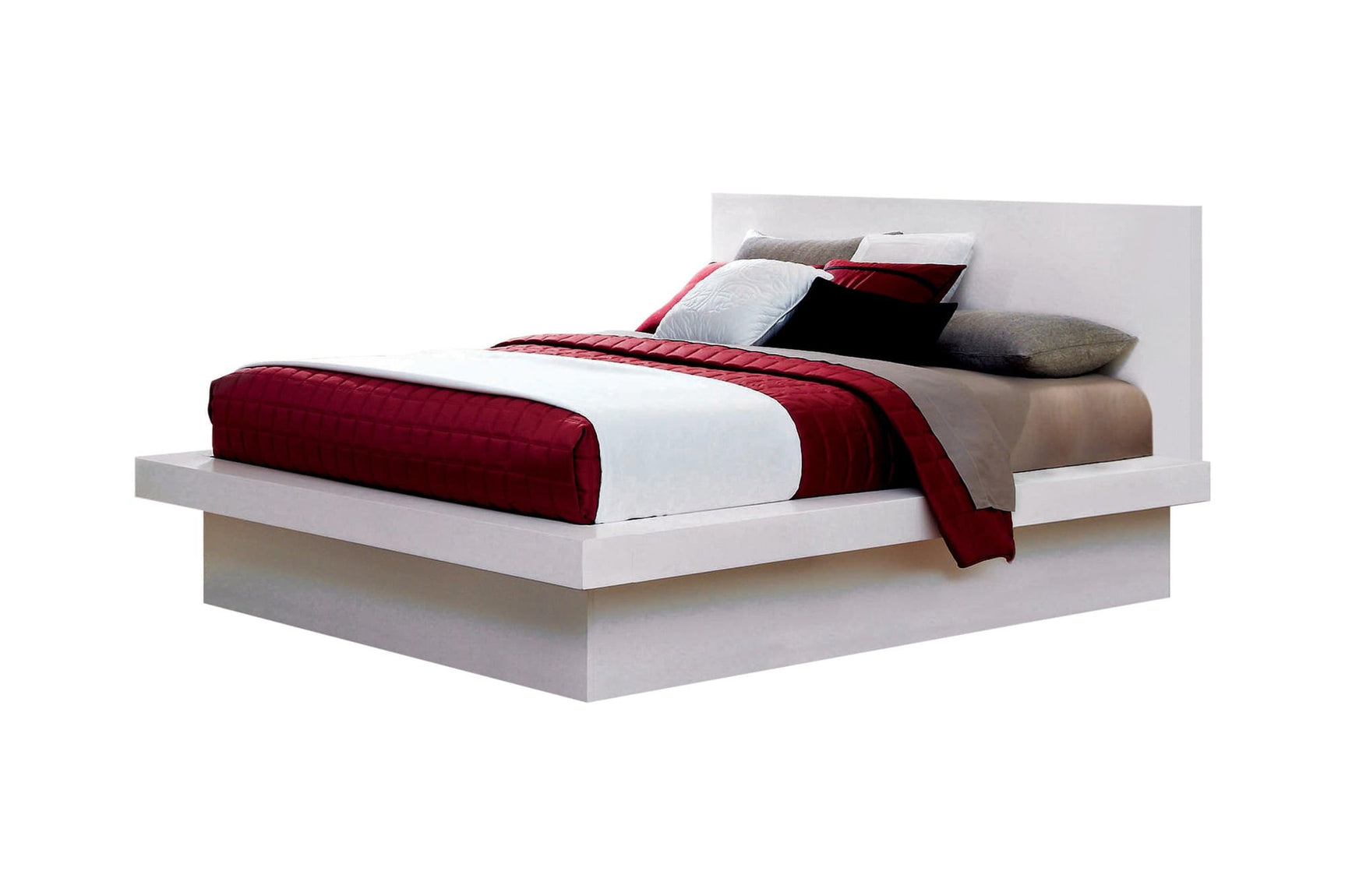 Jessica Queen Platform Bed in white, front angle showing upholstered headboard
