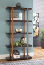 Beckville modern 5-shelf bookcase with gold finish and brown wood veneers, front view