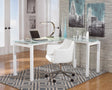 Baraga White Glass L-Shaped Office Desk angled view showing drawers