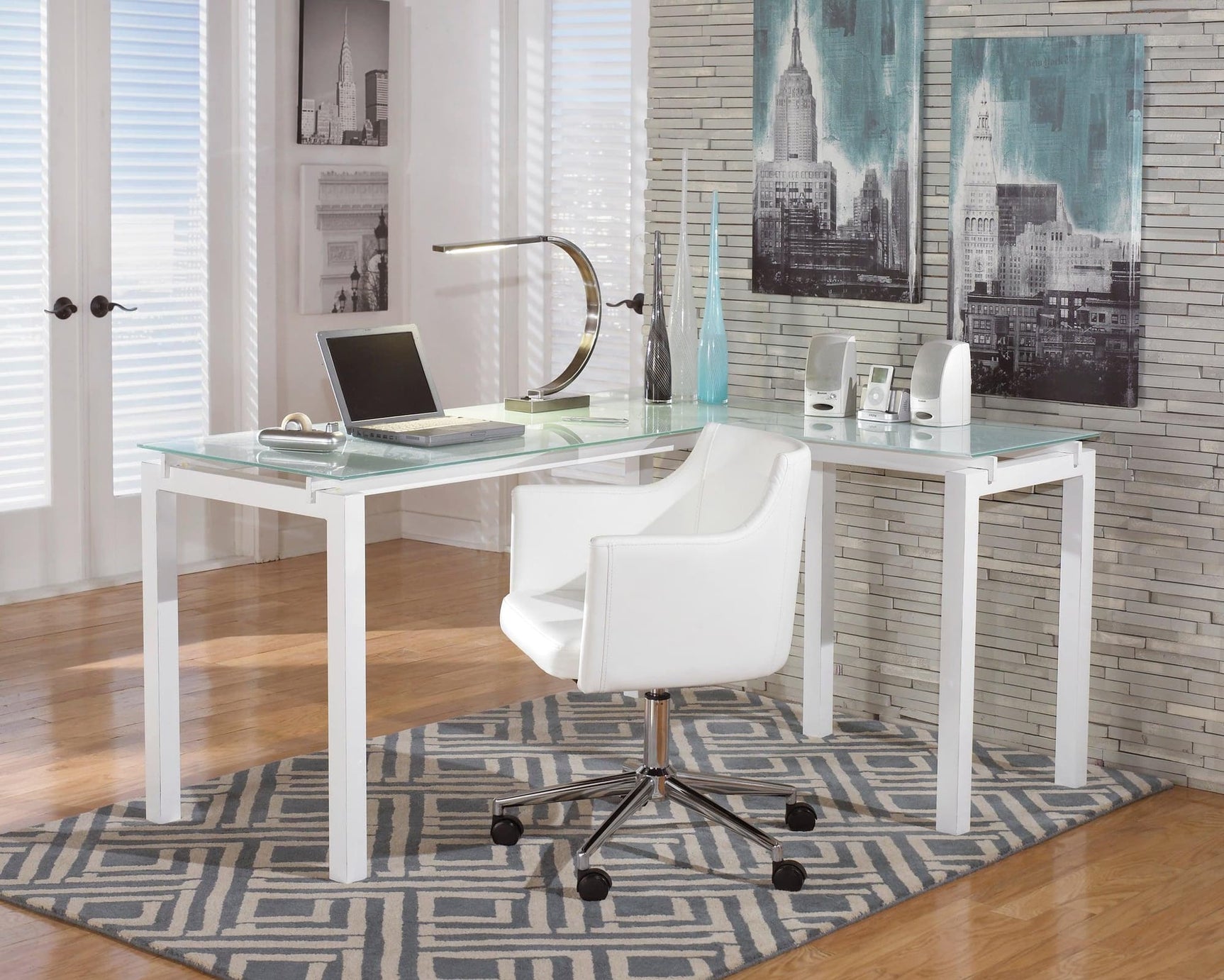 Baraga White Glass L-Shaped Office Desk angled view showing drawers