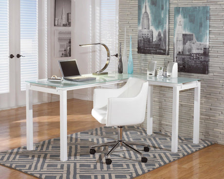 Baraga White Glass L-Shaped Office Desk angled view showing drawers