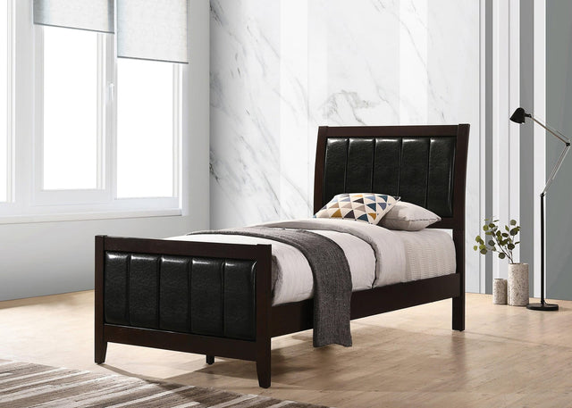 Carlton Twin Upholstered Panel Bed in Cappuccino and Black - front angled view