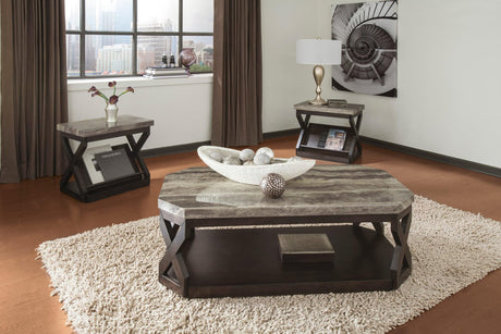 Radilyn grayish brown occasional table set showing coffee table and end tables