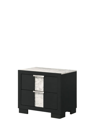 Rangley Black Modern Contemporary Solid Wood Marble 2-Drawers Nightstand front view