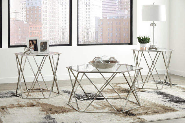 Madanere hexagonal chrome and glass cocktail table front view