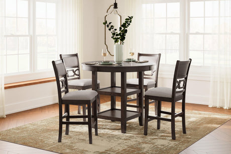 Langwest brown cherry finish counter height dining table with four upholstered barstools - front angle