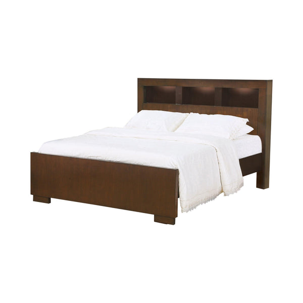 Jessica Eastern King Bed with storage headboard showing front view in cappuccino finish