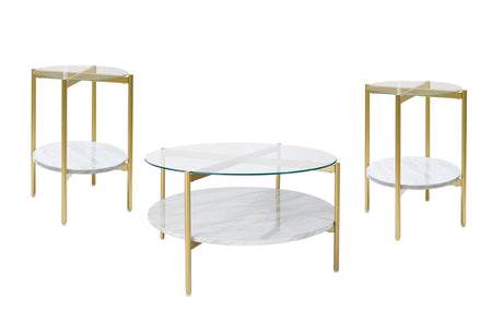 Wynora round occasional tables in white and gold finish with glass marble tops, front view