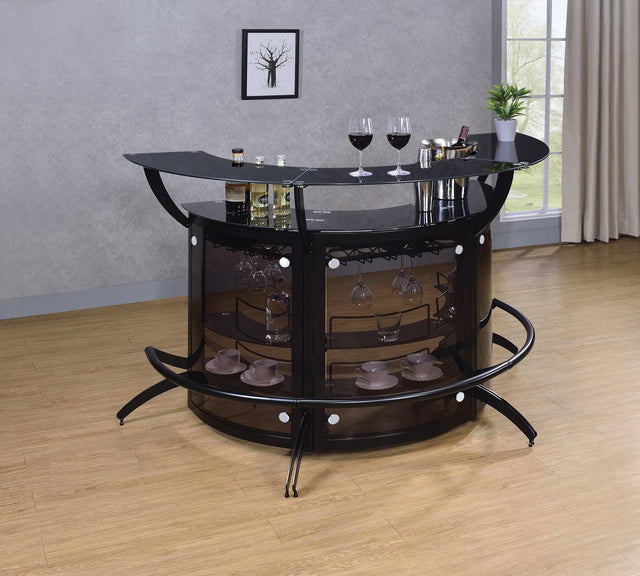 Dallas 3-Bottle Wine Rack Bar Unit front view in smoked acrylic and black metal