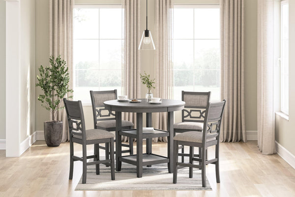 Wrenning gray round counter height dining table with reverse diamond patterned veneer and tapered legs