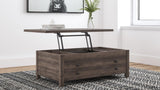 Arlenbry Gray Lift-Top Rectangular Coffee Table front view showing lift-top