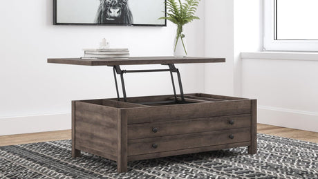 Arlenbry Gray Lift-Top Rectangular Coffee Table front view showing lift-top