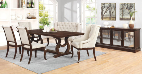 Front view of Brockway Cove tufted cream arm chair with barley brown hardwood frame