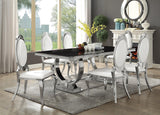 Antoine rectangular dining table front view with black glass top and chrome frame