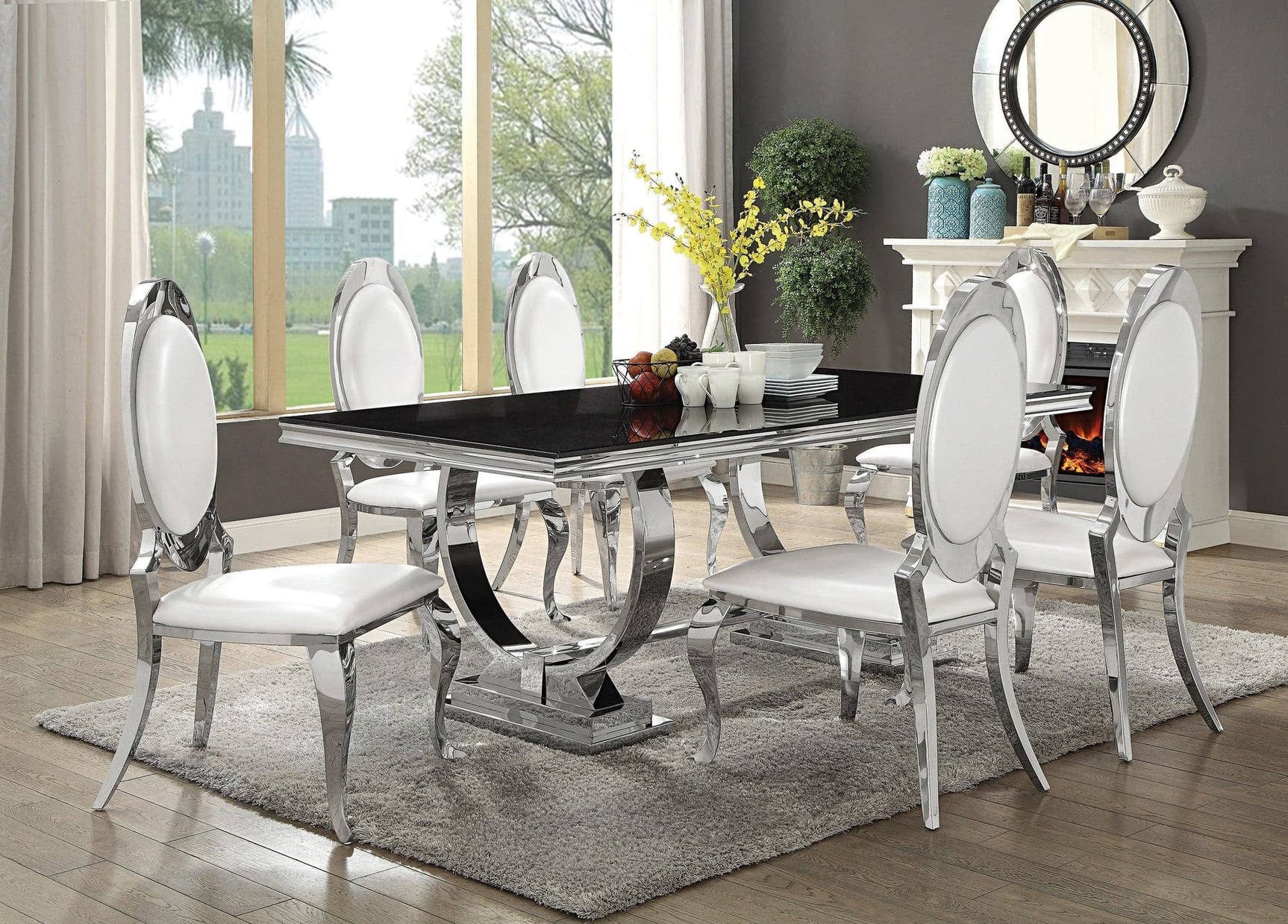 Antoine rectangular dining table front view with black glass top and chrome frame