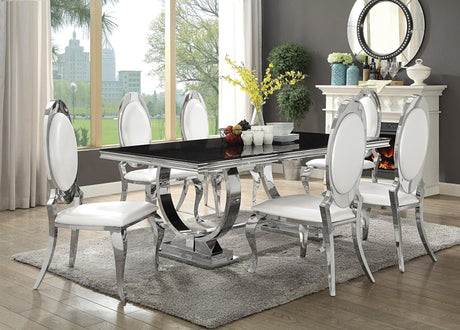 Antoine rectangular dining table front view with black glass top and chrome frame