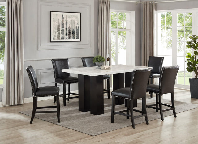 Front view of Finley black faux leather chairs with marble counter height dining table