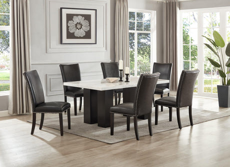 Front view of Finland dining set with black faux leather chairs and marble table