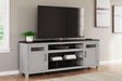 Darborn 88 inch TV stand front view in gray and brown farmhouse finish