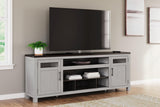Darborn 88 inch TV stand front view in gray and brown farmhouse finish