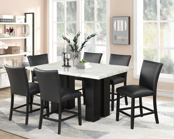 Stockholm Blue dining set with faux marble top and blue PU chairs, front angle