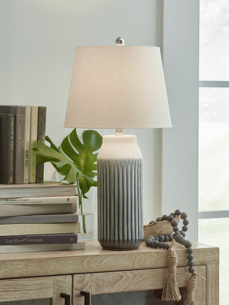 Afener Blue and Beige ceramic table lamp set of 2, side angle view