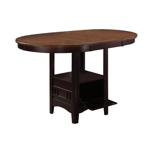 Lavon Oval Counter Height Dining Table, front angled view showing light chestnut tabletop and espresso base