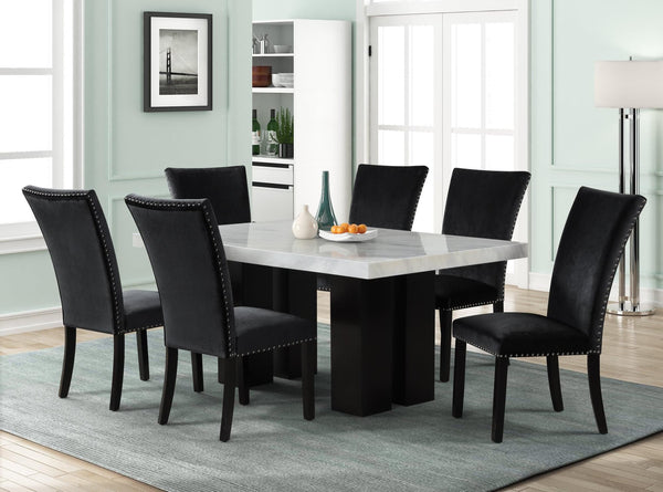 front view of Deinppa black velvet dining room set with faux marble table