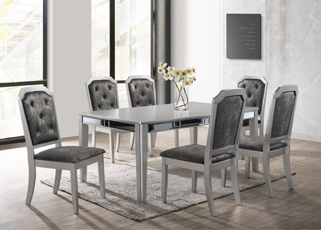 Front view of Travis Silver Metallic Glass Dining Table with six chairs
