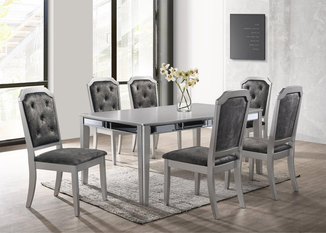 Front view of Travis Silver Metallic Glass Dining Table with six chairs