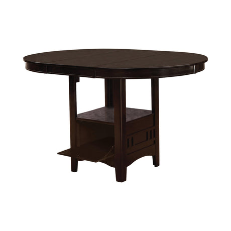 Lavon Oval Espresso Counter Height Table front view with storage base